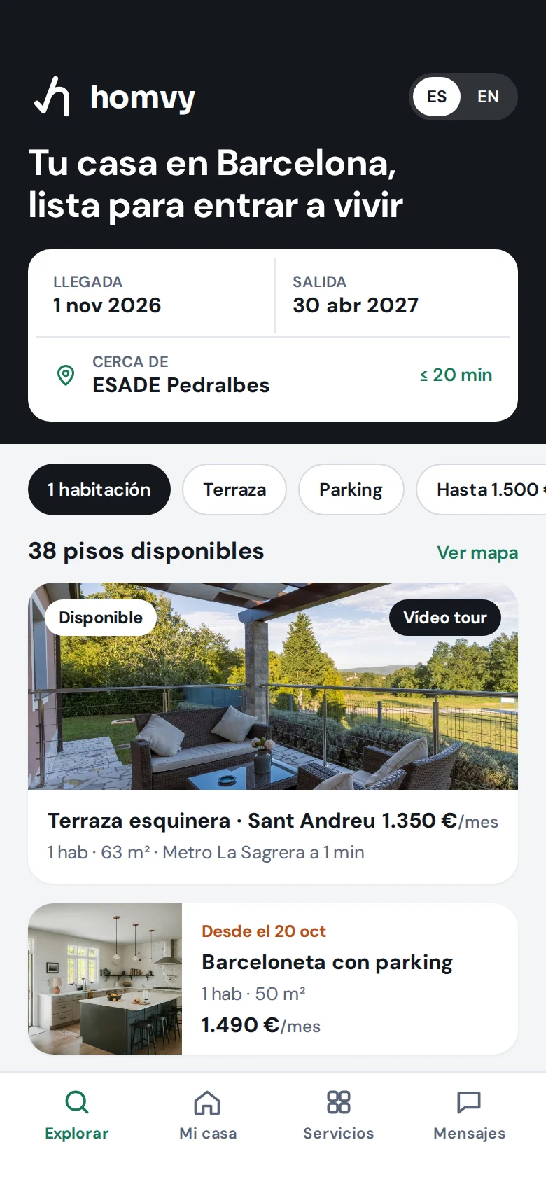 Pantalla de la app: explorar pisos por fechas y cercanía