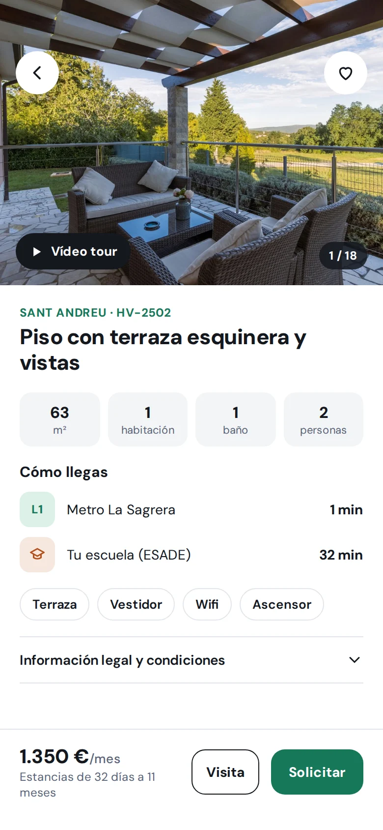 Ficha de un piso con terraza, cómo llegar y botón Solicitar