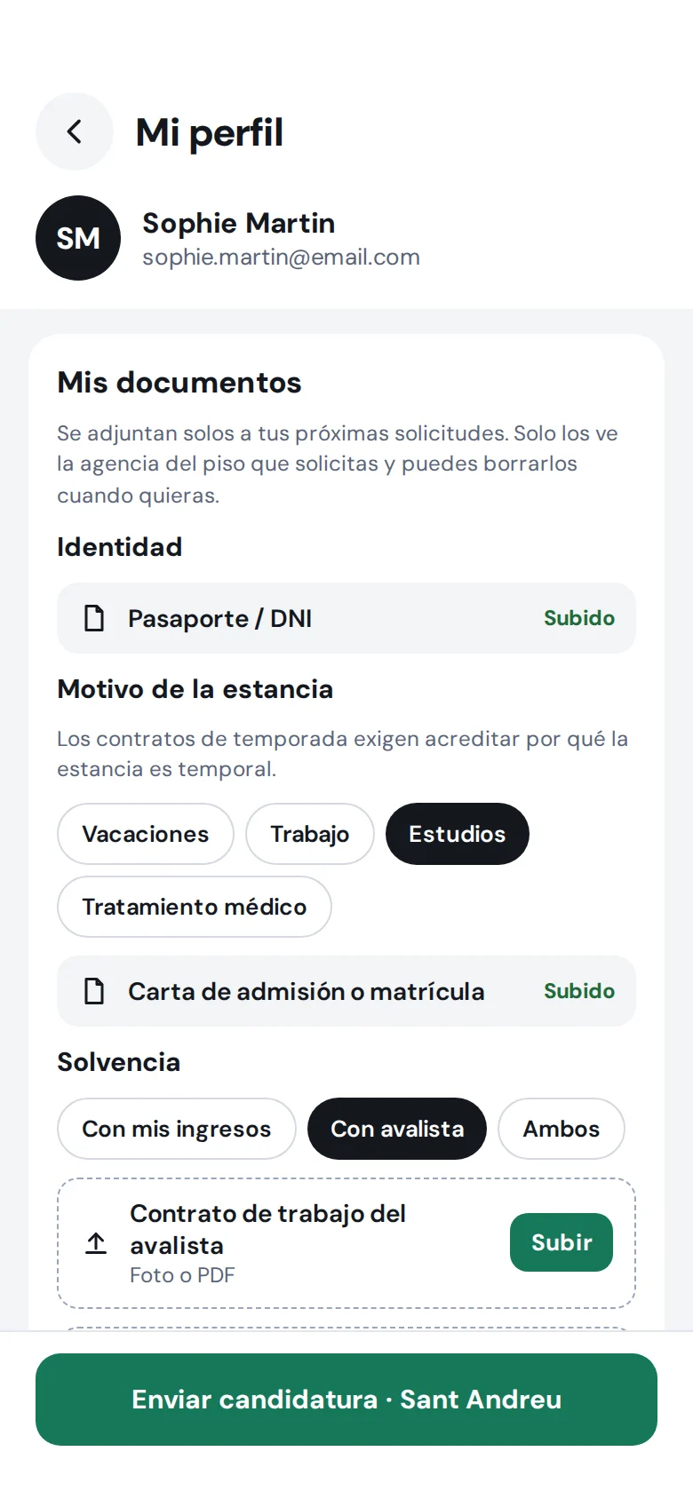 Pantalla de la app: perfil del inquilino con sus documentos
