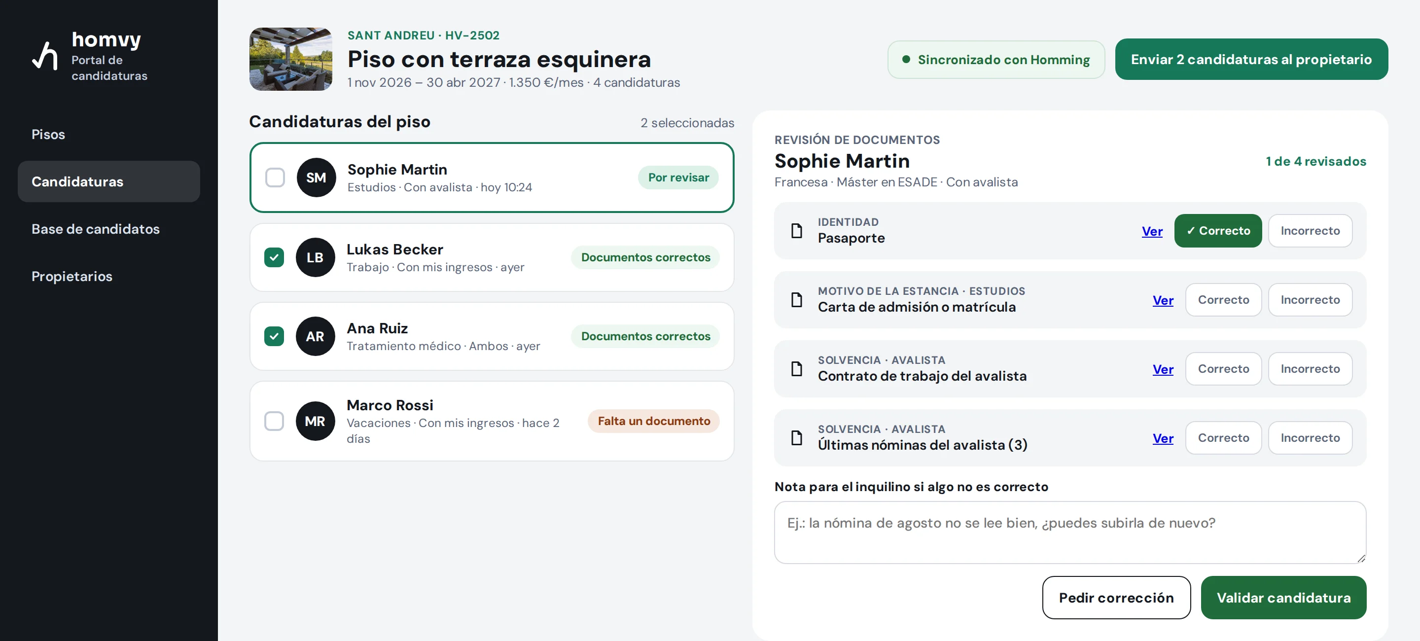 Portal web de candidaturas: lista de candidatos y revisión de documentos